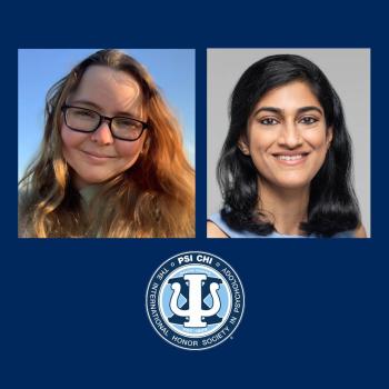 Two smiling individuals are pictured against a blue background, each in separate squares. Below them is the Psi Chi International Honor Society in Psychology emblem, featuring a torch and laurel design.