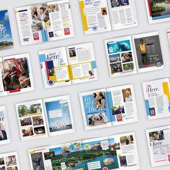 Pages of a booklet are laid out in a grid, displaying colorful pages with photos, text, and graphics about campus life and student activities.