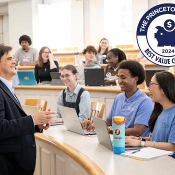 A professor speaks to students in a classroom; several students are seated with laptops. A "Princeton Review Best Value Colleges 2024" badge is displayed in the upper right corner.