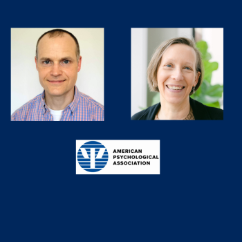 Two people, one man and one woman, are shown in separate headshots above the American Psychological Association logo on a blue background.