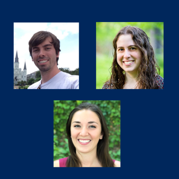 Three individual portrait photos are arranged on a dark blue background; two at the top and one centered below. Each person is smiling.