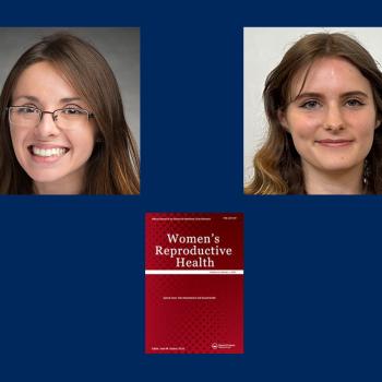Two women are pictured above the cover of a journal titled "Women's Reproductive Health" on a dark blue background.