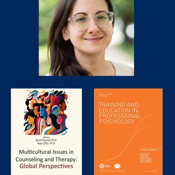 A woman with glasses is shown above two book and journal covers related to psychology and multicultural counseling.