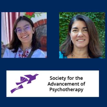 Two women’s headshots are shown above the Society for the Advancement of Psychotherapy logo featuring a purple origami bird.