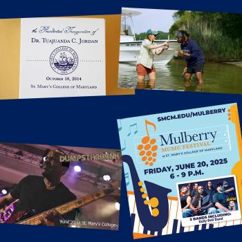 A collage featuring an invitation, two musicians by a boat, a bassist performing, and a flyer for the Mulberry Music Festival on June 20, 2025, at St. Mary’s College of Maryland.