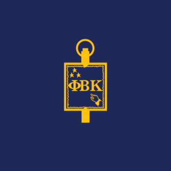 A gold emblem with Greek letters, three stars, and a pointing hand on a blue background, resembling a flag or banner with a circular handle at the top.