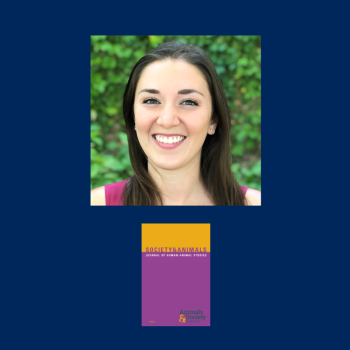 A woman smiling in front of greenery is shown above the cover of the journal "Society & Animals" against a dark blue background.