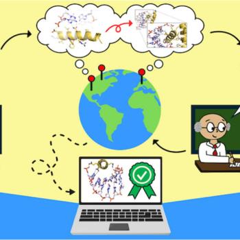 Cartoon showing the process of creating and revising assessments for biomolecular literacy