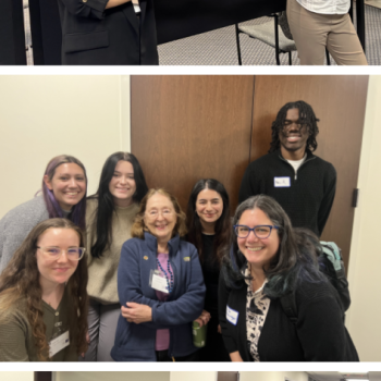 Three photos: two women presenting a research poster, a group of people smiling at the camera, and a crowd conversing at an indoor academic event.