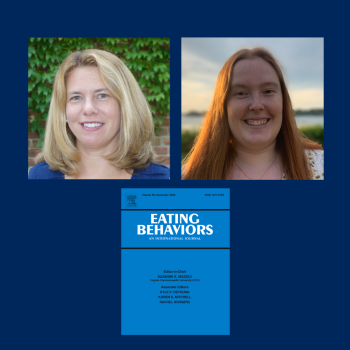Two women are shown in individual headshots above the cover of the journal "Eating Behaviors: An International Journal" on a blue background.
