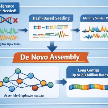 Flowchart illustrating de novo assembly: raw reads are seeded and matched by similarity, assembled into a graph.