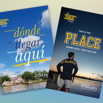 Two St. Mary's College of Maryland brochures; one in Spanish with a riverside background, one in English showing a student by the water at sunset.