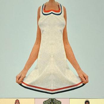 Artwork by Sue Johnson: Small Combine V. 6 (Cool Cat), 2025, acrylic and wax painting with archival pigment print and image transfer on paper mounted on wood panel, 32x18 inches. The image shows a stylized illustration of a woman in a white dress with red and blue trim, above three smaller images of models showing different 1960s-style outfits.
