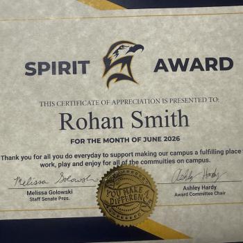 Certificate of appreciation awarded to Rohan Smith for the Spirit Award, June 2026, signed by Melissa Golowski and Ashley Hardy with a gold "You Make a Difference" seal.