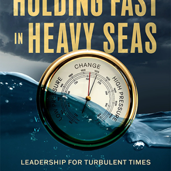 Book cover for “Holding Fast in Heavy Seas” by Tim Gallaudet, featuring a barometer partly submerged in water and subtitle “Leadership for Turbulent Times” with a foreword by Robert D. Ballard.